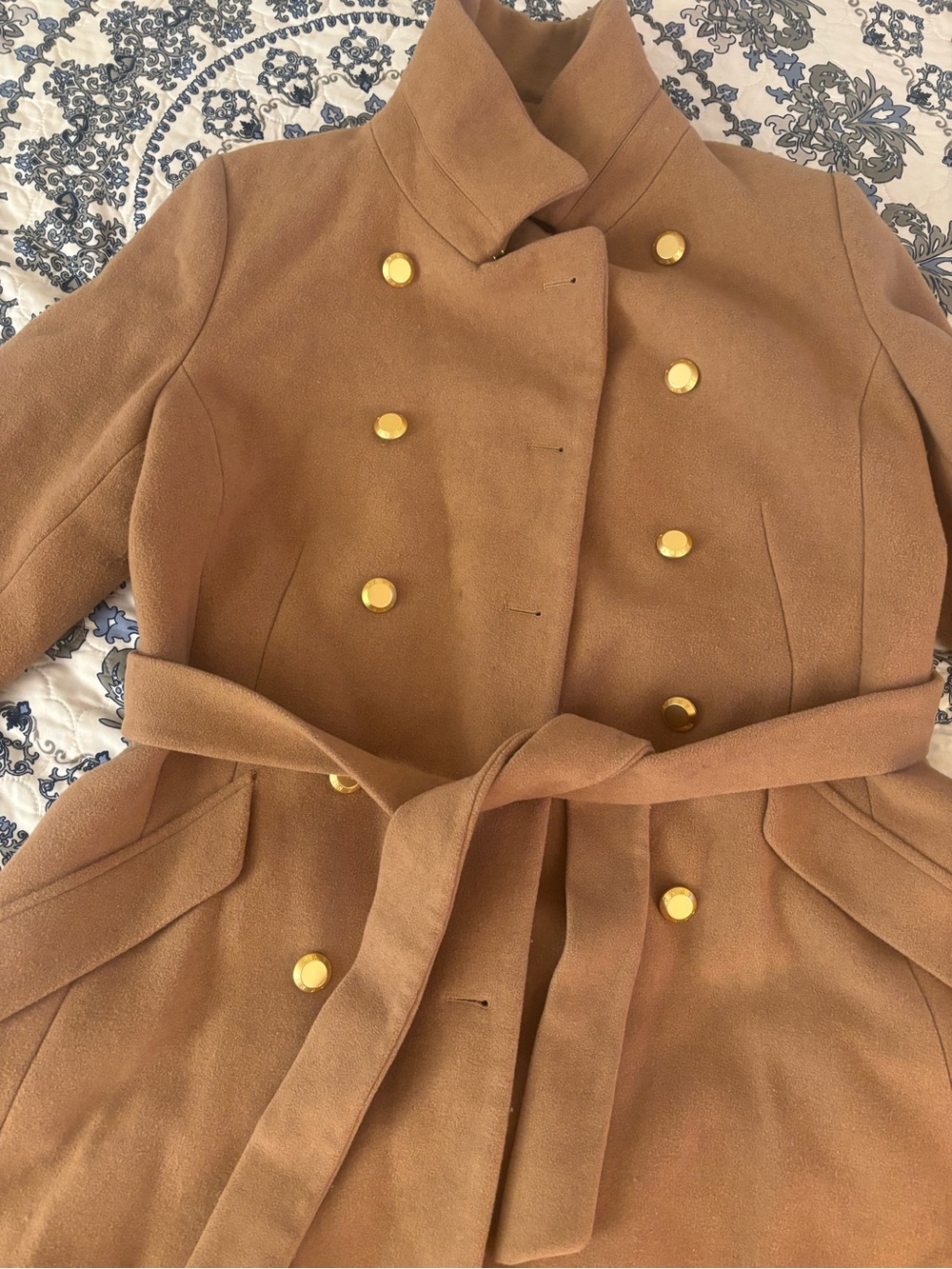 DKNY Camel Double-Breasted Belted TLong Peacoat with Gold Buttons